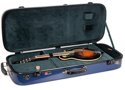 Crossrock Mandolinenkoffer aus Fiberglas – länglich für F-Style (passend für Gibson F5) | marineblaue glänzende Oberfläche, waldgrüner Samt, TSA-Schloss, Hygrometer, Rucksackgurte – Hartschale Pro