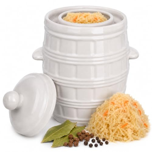 KADAX Steinzeugtopf, Dichter Keramiktopf mit Wasserrinne und Deckel, Spülmaschinenfester Steinguttopf, Gärtopf aus Keramik, Einlegtopf für Gurken (Creme, 3.2L)