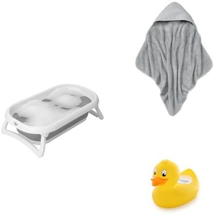 Rotho Babydesign Baby Badeset Komplett mit Baby-Kapuzenhandtuch, Baby Bath 2go Faltbadewanne und Digitalem Badethermometer
