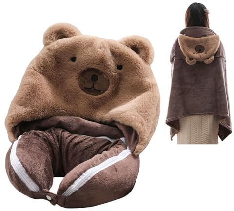 IXITON Cuscino da viaggio animale cartone animato coperta, 2 in 1 cuscino per il collo con cappuccio coperta indossabile Poncho, aereo (orso)