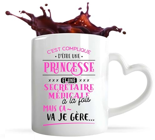 Otshirt Tasse Cœur Princesse et Secrétaire Médicale | Mug avec anse en forme de Cœur | Idée Cadeau Petite Amie Copine Collègue Maman Noël Anniversaire Fête des Mères