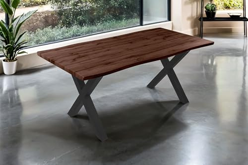 SAM Esstisch Josy | 180 x 90 cm | Holz Nussbaum-Optik | X-Gestell Metall schwarz | 40 mm Tischplatte mit Baumkante | Tisch für Esszimmer & Küche