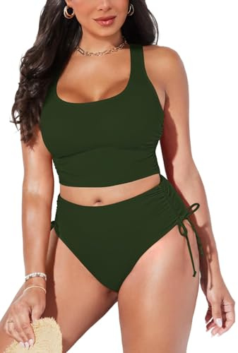 Pink Queen Summer High Waisted Women Bikini Sets | Beach Vacation Tankini 2 Pcs, Tummy Control Swimsuits, 2026 Two Piece Swim Bathing Suit, Green, L