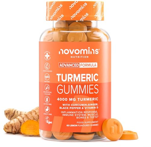 Turmeric Gummies – Curcuma 4000 mg Alta Forza con Zenzero, Curcumina, Pepe Nero e Vitamina D – Supporto per Articolazioni, Immunità, Muscoli e Ossa – Novomins