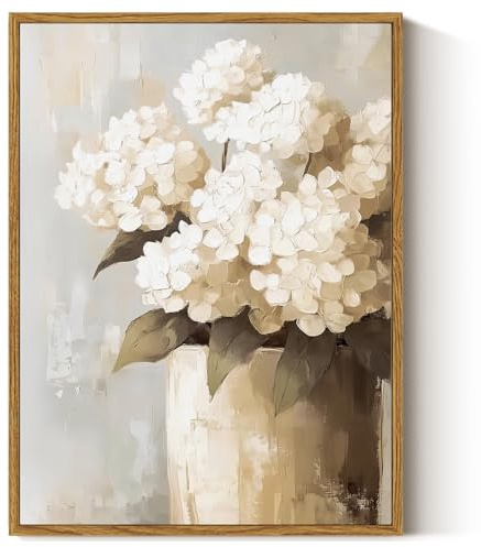 ARPEOTCY Framed Canvas Wall Art Prints, Retro White Hydrangeas Wall Decor, Vintage Farmhouse Floral Painting Canvas Wall Art for Living Room, Bathroom, Bedroom Aesthetic, 30x40cm