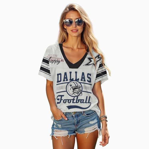Football Jersey Shirt for Women Game Day T-Shirt Football Season V Neck Baggy Tee Y2k Streetwear Short Sleeve Tops (S, Gray)