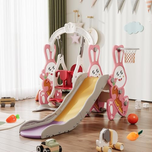 4 in 1 Kinder Rutsche mit Schaukel, Kinderrutsche mit Basketballkorb, Rutsche mit Leiter Schaukel Rutsche Babyrutsche Indoor Outdoor Spielplatz für Kleinkinder (Rosa, 170x140x118 cm)
