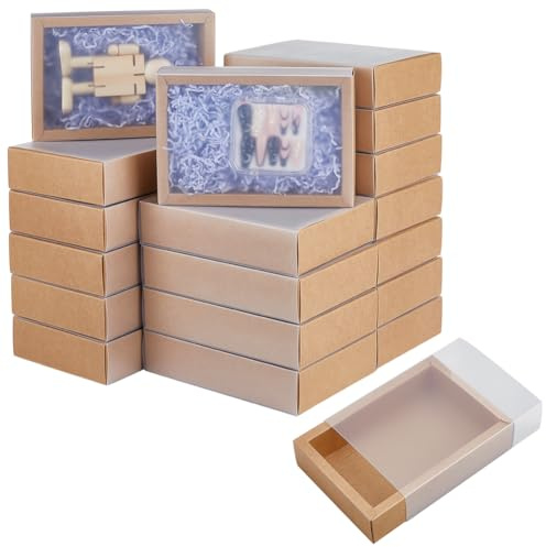 BENECREAT 30 Set Brown Kraft Drawer Gift Box, Paper Storage Organizers with Translucent Plastic Sliding Lid for Wedding Favors, DIY Crafts, Small Item Display, 7.17x5.12x1.8inch