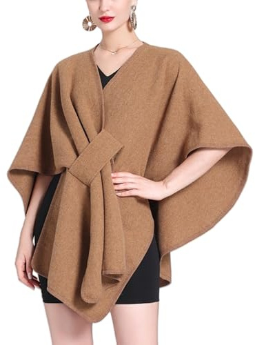 WANWEN Poncho da Donna, Mantella Maglia, Mantella Cashmere Donna, Scialle Lavorato a Maglia, Texture in Cashmere, Taglia Unica, Elegante e Facile da Abbinare (Marrone)