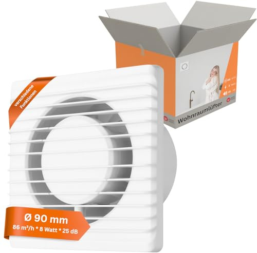 MKK Badlüfter 90mm Wandmontage Leise Lüfter Wohnraumlüfter Weiß (Kabel + Schalter)