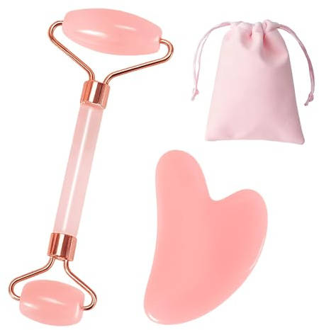 Gua Sha - Rodillo de cuarzo rosa y piedra para masaje facial, incluye rodillo facial de cuarzo rosa para mejorar las líneas finas y relajar los músculos del cuerpo