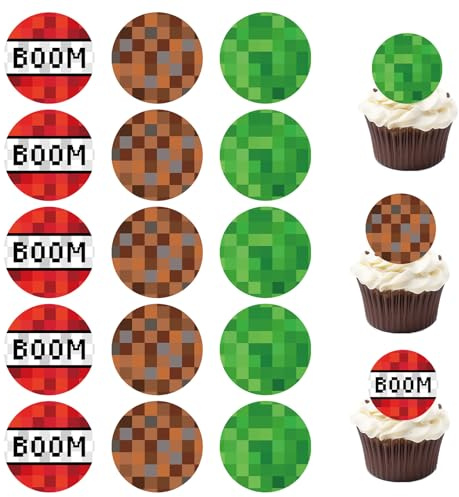 15pcs Décoration de Cupcake Thème Pixel Comestibles, 5cm de Diamètre pour Cupcakes sur le Thème des Jeux Vidéo Idéales pour Anniversaires les Cupcakes et les Gâteaux d'Enfants (3 Modèles)