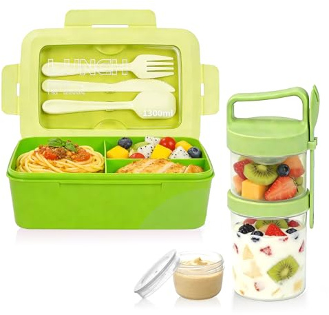 Mulaibdin Fiambreras Comida Trabajo, Lunch Box Adultos Infantil con Cubiertos, 1300ml Bento Box Microondas, Porta Yogurt y Cereales, Lonchera con 3 Compartimentos para Oficina,Escuela,Picnic (Verde)