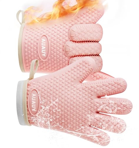AUAUY Guanti da Forno,Guanti da Forno in Silicone Impermeabili, Rosa Chiaro | 446°F Antiscivolo Guanti Resistenti al Calore, Guanti da Cucina Lunghi, per Cucinare, Barbecue, Cottura al Forno