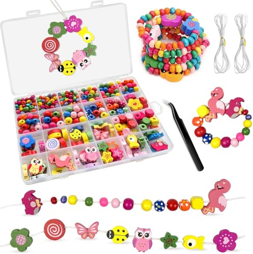 Redamancy Lot de 450 Perles en Bois Colorées, pour la Fabrication de Bracelets avec Trou pour Enfiler, avec Ficelle et Pince à épiler, pour Bracelets, Bijoux, Colliers