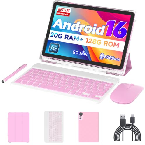 Android 15 Tablet 10 inch Tablets, 20GB RAM 128GB ROM 2TB Expandable, 2.0GHz Quad-core Processor, 2 in 1 Tablet with Keyboard Case Stylus Mouse, 5G WiFi6, BT 5.0, 6000mAh, Widevine L1, GMS, Pink