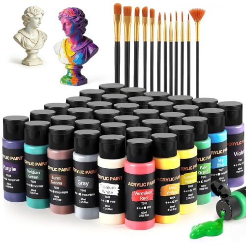 TMOL Acrylfarben Set, 36 Farben x60 ml +12 Pinsel, Acrylic Paint Set, Künstlerbedarf für Leinwand, Holz, Keramik, Stoffe, ungiftige Pigmente Acrylfarbe für Anfänger, Studenten, Profis, Künstler