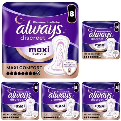 Always Discreet Inkontinenz-Einlagen Maxi Comfort Tag Und Nacht Für Frauen, Saugstärke 9, 8 Stück, Extra Sicher Bei Blasenschwäche, Geruchskontrolle (Packung mit 5)