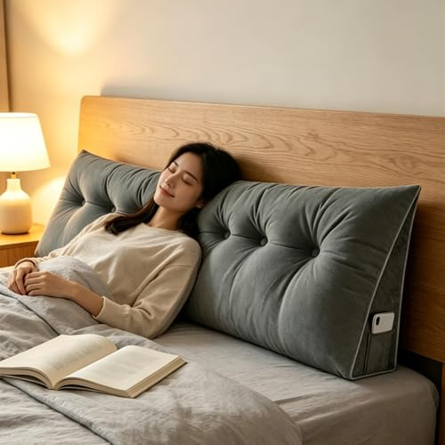 XUANYU Groß Komfortables Rückenkissen Bett aus Kurzplüsch - Lesekissen für Bett und Sofa, Keilkissen mit Waschbarem Bezug und Praktischem Seitenfach (Grau 200 cm)