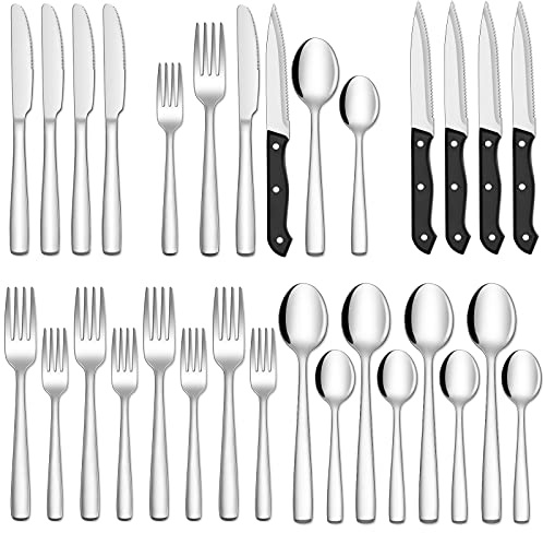 Hiware 24-Piece Silverware Set with Steak Knives, Stainless Steel Flatware Cutlery, Mirror Polished Flatware Serving Utensils Set for 4, Includes Forks Spoons Knives Silverware, Dishwasher Safe