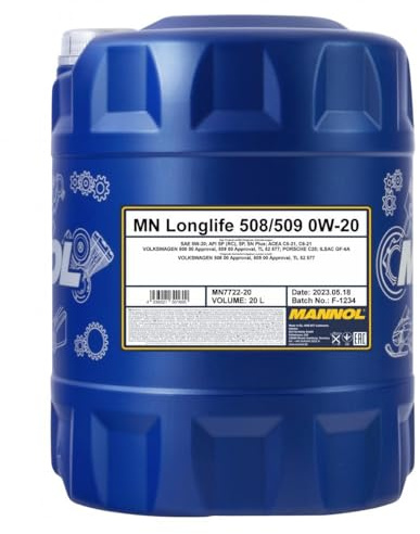 MANNOL 7722 Longlife Motoröl 0W-20, VW 508 00/509 00, 20L | PAO-Basis, erfüllt API SP und ACEA C6-21, für VW, Audi, SEAT, SKODA mit GPF oder DPF, hoher Verschleißschutz und Effizienz