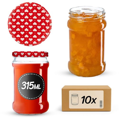 KADAX Lot de 10 bocaux en verre 315ml Ø66 à pois rouges – Couvercle Twist-Off hermétique TO66 – Pour confitures, conserves, cornichons, miel & fermentation