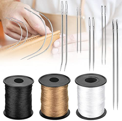 DOUSELLA 14 Stück Sattlergarn Ledernadeln Leder Handwerk Werkzeug mit 7 Größe Sattlergarn Polsternadel 3 Rollen Nylon Garn Leder Hand Nähen Nadeln mit Leder Nähgarn für Lederbearbeitung Handwerk