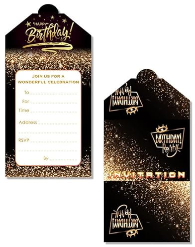 16 Biglietti Invito Compleanno Adulti Oro Nero - Biglietti Invito Compleanno con Design a Stelle Splendenti per Feste e Compleanni di Uomini, Donne, Ragazzi e Ragazze.