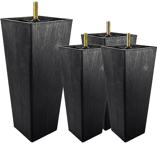 TCHOSUZ 6 Inch Plastic Furniture Legs with Wood Grain, 4-Pack Pyramid Feet | Affordable Plastic Lightweight & Waterproof, M8 bolts+T-nuts+ Pads, Fits Sofa Couch Cabinet, Easy DIY for Rental Apartment