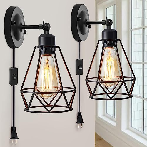 YXTH Plug in Wall Sconce, Industrial Sconces Wall Lighting, Vintage Wall Lamp with Plug in Cord, Rustic Black Sconce Fixture, On/Off Switch Sconce Light Fixture for Kitchen Bedroom Porch 2 Pack