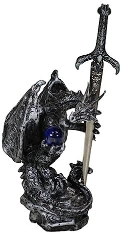 Ebros Gift Legendärer silberner gepanzerter Drache mit blauer Kugel und drakonischem Schwert, Brieföffner, Skulptur, Zuhause und Büro, mittelalterliche Dungeons und Drachen, Fantasie