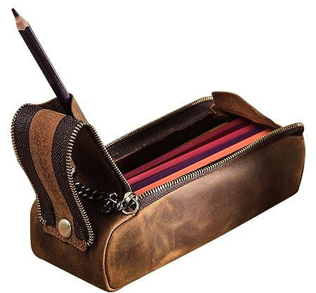 Leder Federmäppchen Pencil Case, Große Kapazität Federmappe Vintage Leder Braun Federtasche für Studenten,Jungen Teenager Stifttasche Geschenk Schlampermäppchen Stiftetui Stiftmappe Ledermäppchen