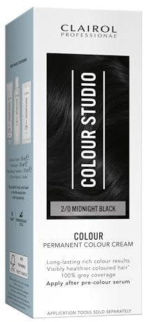 Clairol Colour Studio Permanent Colour Cream | Hair Dye | Long-lasting Rich Tones | 100% Grey Coverage | Dermatologically Tested Vegan Formula | Hair Colouring Kit | Midnight Black 2/0 | 50ML