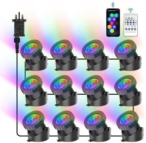 NATPOW Pond Lights, RGB Underwater Spotlights Mains Powered, Aquarium Pond Light with Bluetooth APP Control, IP68 Waterproof Submersible Landscape Spot Lights for Garden, Yard, Pool, Fountain(12 in 1)