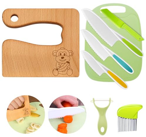 Kindermesser 8-teiliges Kinder-Küchenmesser-Set zum Schneiden und Kochen von Obst oder Gemüse für Kleinkinder, inklusive Holzmesser Schneidebrett Schäler(Affen)