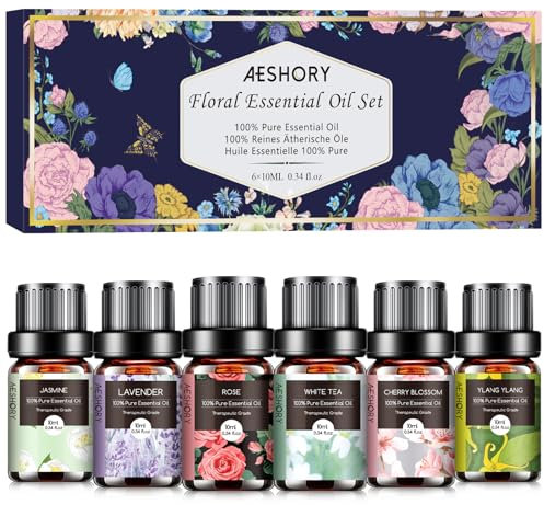 AESHORY Blumen Ätherische Öle Set 6 x 10ML, 100% Naturrein Blumige Essential Oils, Aromatherapie Duftöl für Diffuser Luftbefeuchter - Lavendel, Rose, Jasmin, Kirschblüte, Weißer Tee, Ylang Ylang