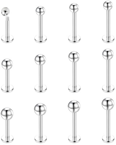 JZTRADING Tragus Labret Studs Piercing Jewellery 12pcs 16G Stainless Steel Cubic Zirconia Cartilage lip Stud Bar Flat Back Earrings Helix Nose Piercing Jewelry 6-12mm (ball12pcs)