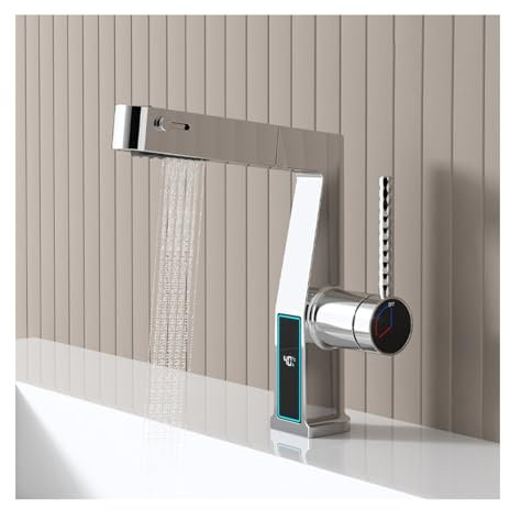 SWHC Rubinetto Bagno, Rubinetto Bagno Lavabo con Display Digitale della Temperatura, Miscelatore Lavabo Bagno, Rubinetto Lavandino Bagno con Doccetta Estraibile, Rubinetto da Bagno a 3 Funzioni