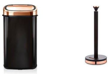 Tower T80904RB Kitchen Bin with Sensor Lid, Automatic Soft-Close, Manual Override, 58 Litre, Black & T826133BLK Cavaletto Towel Pole Kitchen Roll Holder with Soft Underliner, Black and Rose Gold