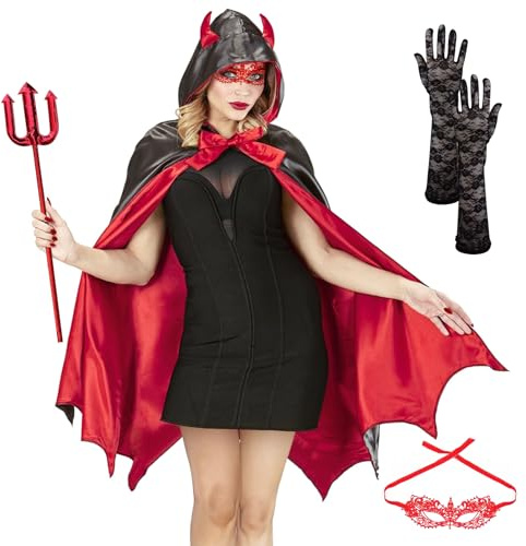 SALADOCY 4 Pièces Costume d'Halloween, y Compris Cape Pour Dames, Masque Pour les Yeux en Dentelle, Gants en Dentelle, Fourche de Diable, Pour Carnaval Fête d'Halloween, COSPLAY, Bal de Carnaval