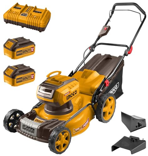 INGCO 18 Cordless Lawnmower 46cm Cutting Width 60L Grass Collector 8 Depth Settings Foldable Handles with 2pcs 5.0Ah Battery and Charger LMLI20186