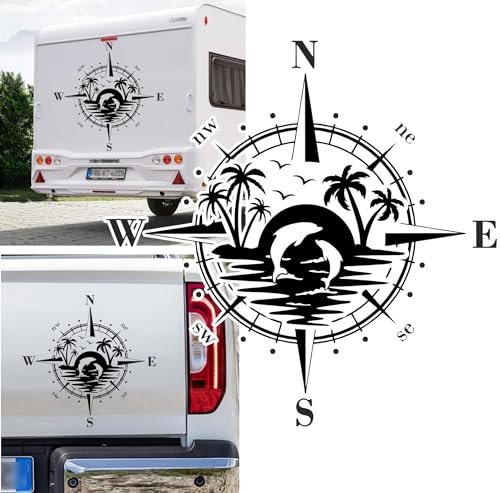Autocollant boussole dauphins au coucher du soleil mer palmiers taille et couleur au choix chien chien camping-car autocollant pour voiture sticker boussole rose vent camping