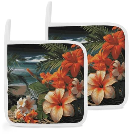 Lot de 2 maniques professionnelles pour cuisine - Résistantes à la chaleur et antidérapantes - Motif fleurs tropicales - Pour la cuisine, la pâtisserie, le barbecue