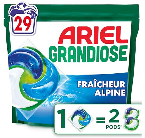 Ariel Pods Grandiose Alpine, Lessive en Capsules, 29 Lavages, 2X Action Détachante et Anti-Odeur Sur Les Tâches Tenaces, Dissolution Rapide Même à Froid, Fabriqué en France