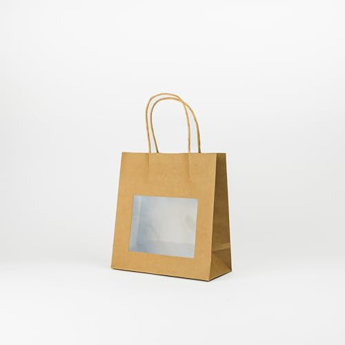 12 Stk. Papiertragetaschen Kraftpapier natur mit Sichtfenster klein – 180x80x190 mm – Geschenkverpackung für Flaschen und Gläser (Braun klein)