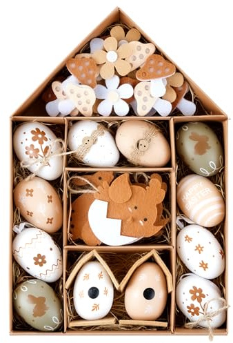 46 Stück Ostereier zum Aufhängen für Osterdeko, Ostereier für Oster Deko,Braun Weiß Osterschmuck für Osterkörbchen, Osterdeko Sachen,Ostern Geschenke Kinder