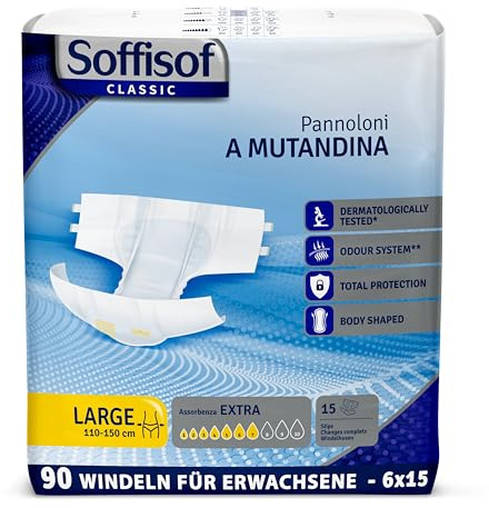 Soffisof Classic Couches Adultes Extra L - 90x Couche Adulte Incontinence - 6 Paquets de 15 Pièces Change Complet Adulte - Absorption 7 Gouttes - Taille L (100-150 cm)