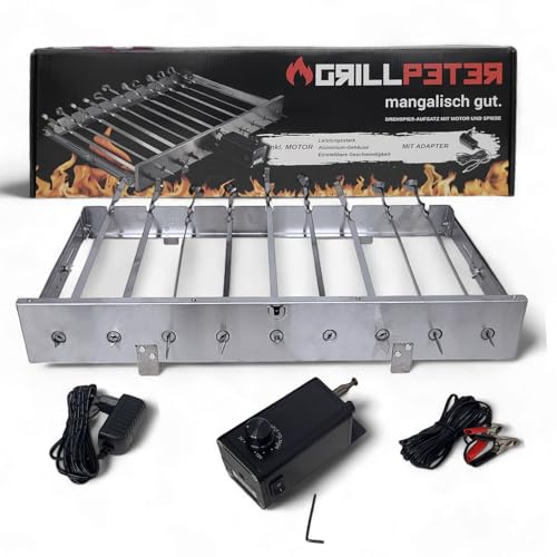Mangal Drehspießaufsatz aus Edelstahl mit 230 V Elektromotor + 9 Spieße