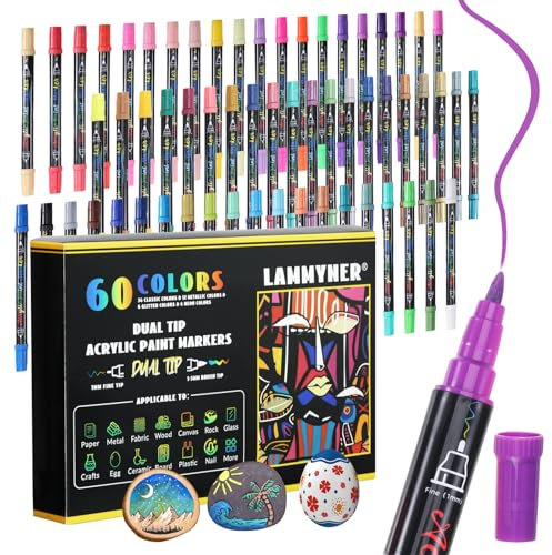 UICCVOKK 60 Stück Acrylstifte,120 Farben Acrylstifte für Steine Bemalen, Doppelspitzen Doppelte Farbe Stifte Steine Bemalen Wasserfest für Holz, Leinwand, Papier, Keramik, Glas, Ostereier