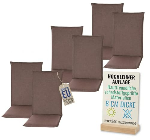 Pillows24 Hochlehner Auflagen 6er Set 120x50x8cm, Wasserabweisend & UV-fest | Premium-Material 200gsm, Extra dicke Polsterung 8 cm, Sitzauflagen Hochlehner, Sitzkissen Gartenstuhlauflagen, Braun